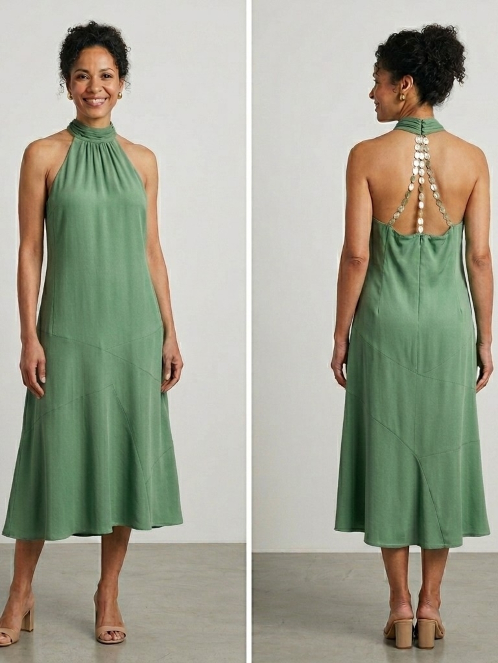 Vintage Green Silk Bias Cut Midi Dress Halter Beaded Shell Chain Back Sz 14 Y2K